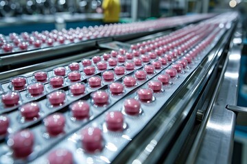 Obraz premium Pink tablets move along a conveyor belt in a pharmaceutical production facility, showcasing a detailed view of the manufacturing process. Workers can be seen managing equipment in the background.