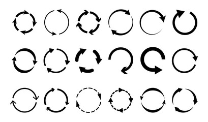 Fototapeta premium Synchronization or reloading icons set. Vector isolated rotating circles with arrows, bold and dashed line, flat style. Recycling or renewal, reboot or refreshing, UI or GUI design for web or app
