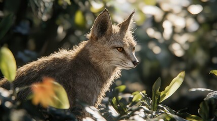 Obraz premium Captivating Portrait of a Fox in Natural Habitat Surrounded by Lush Green Leaves, Showcasing Stunning Details and Vibrant Colors in Soft Morning Light