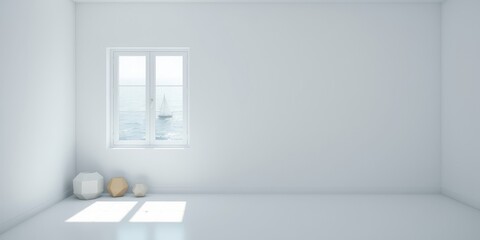 Fototapeta premium Minimalist Room Interior Design with Ocean View and Geometric Decor