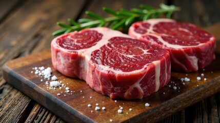 Aromatic Rosemary and Raw Beef Steaks Ready for Grilling on Rustic Wooden Board