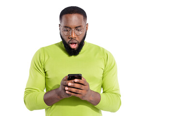 Portrait of handsome guy in eyewear eyeglasses holding modern technology receive sms scream shouting wow isolated over white background