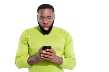 Portrait of handsome guy in eyewear eyeglasses holding modern technology receive sms scream shouting wow isolated over white background