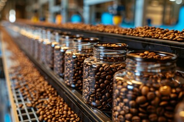 Rows of jars filled with roasted coffee beans line a conveyor belt in a processing facility, showcasing the bulk storage before distribution. The setup reflects a streamlined production process.
