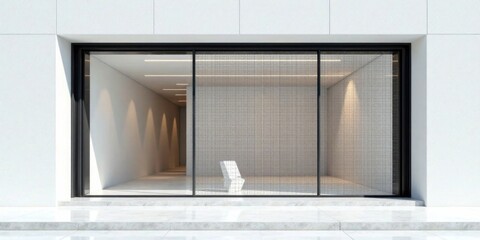 Modern Minimalist Architectural Design Featuring Sliding Glass Doors and a White Chair in a Sunlit Interior Space