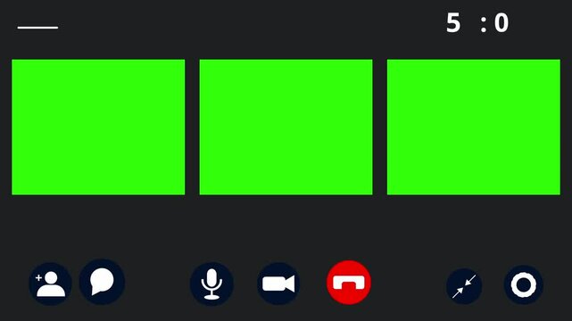 Three monitor Video Call meeting conference interface animation with single large monitor. Remote call and chat in team. Green screen chroma key. Group conference PC screen. Virtual education