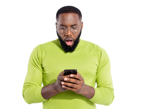 Portrait of handsome guy in eyewear eyeglasses holding modern technology receive sms scream shouting wow isolated over white background