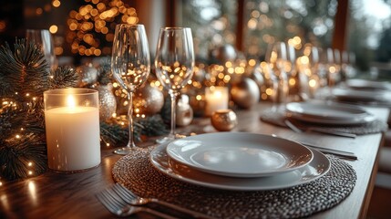 Elegant festive dinner table with candles and decorations