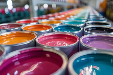 A colorful display of paint cans sits neatly on shelves, featuring a variety of vibrant hues in an art supply store. The arrangement highlights the artistic possibilities available.