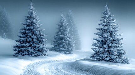 Fototapeta premium Snow Covered Trees Line Winding Winter Road
