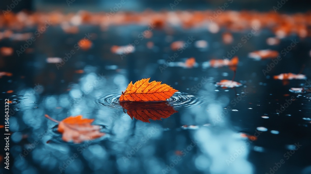 Aufkleber a lone autumn leaf floats serenely on a still puddle, creating a captivating reflection and capturin