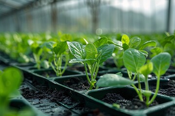 Seedlings are thriving in specially designed trays within a greenhouse, drenched in soft morning light, showcasing vibrant green leaves and healthy soil.