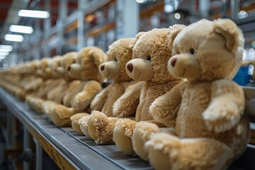 A long line of plush teddy bears is seen on a conveyor belt in a well-lit toy factory. The adorable soft toys are waiting to be packaged, showcasing their charming features.