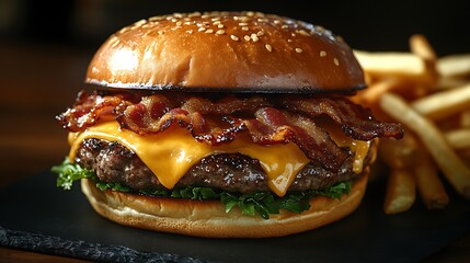 Delicious Bacon Cheeseburger with Crispy French Fries