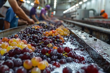 A group of workers meticulously sorts various types of grapes along a conveyor, ensuring quality during the harvest season. The facility is bright and busy with activity.