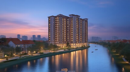 Modern apartment building by river at dusk.