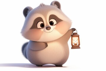A cute cartoon raccoon holding a lantern, radiating charm and warmth.