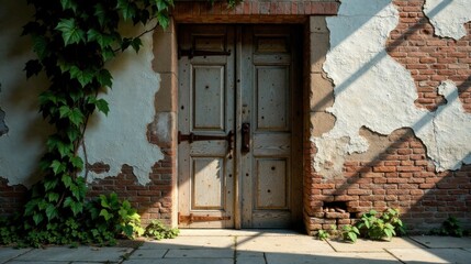 Fototapeta premium Sunlit Rustic Double Doors and Weathered Brick Wall with Lush Green Vines