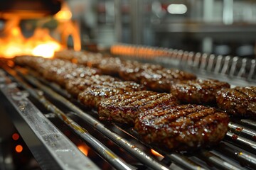 Juicy meat patties are sizzling on a grill with flames dancing nearby, creating a warm atmosphere at a summer gathering as the sun sets in the background.