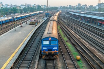 Wide shot of a passenger train yard transport hub, trains, tracks, logistics, busy terminal, rail yard view --ar 3:2 --style raw --profile mtnj5gy --v 6.1 Job ID: 9d7bf728-6a4d-4b1d-b07c-76aaf667eee2