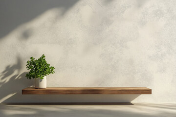A plain white wall with a small potted succulent on a wooden shelf.