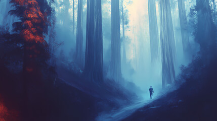 Obraz premium Misty redwood forest with lone hiker path. generative ai image. Sequoia. Illustration
