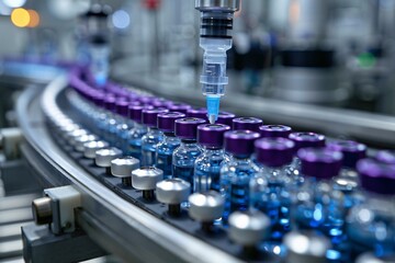 Vials are moving along a conveyor belt in a pharmaceutical facility as they are filled with liquid, showcasing the advanced technology and precision in vaccine manufacturing processes.