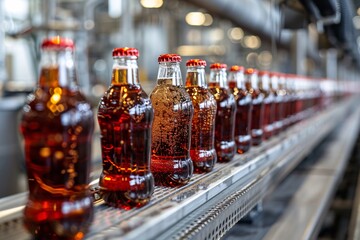A long line of glass bottles filled with a dark carbonated beverage is steadily moving along a production conveyor in a busy manufacturing facility.