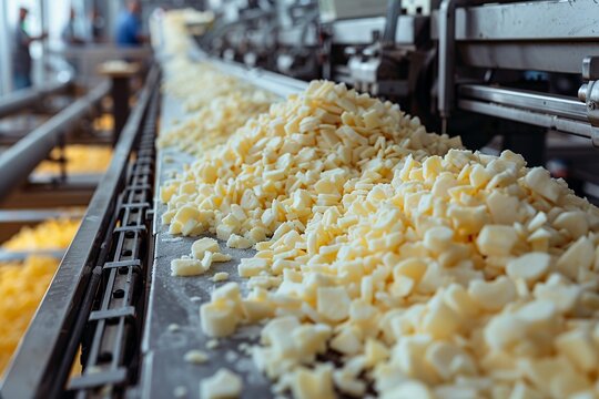 Freshly cut cheese blocks are seen piling up on the conveyor belt in a busy processing factory. Workers monitor the production line as the cheese moves downstream, ready for packaging.