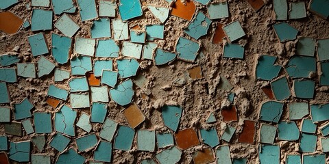 A crumbling mosaic of teal and terracotta tiles set in aged mortar