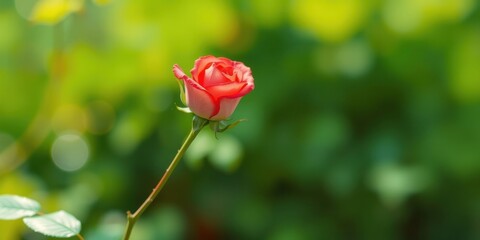 A Single Rosebud on a Stem, Gracefully Reaching for Sunlight in a Lush Green Garden