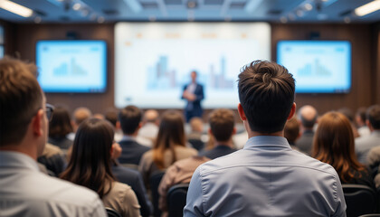 A speaker delivers a presentation to an attentive group, highlighting key points with visual aids in a professional setting.