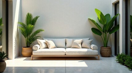 Serene Patio Sanctuary Modern Minimalist Sofa with Lush Tropical Greenery in a Sunlit Courtyard