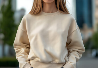 Closeup of a womans beige crewneck sweatshirt. Soft fabric, casual style. The image features an outoffocus urban backdrop.