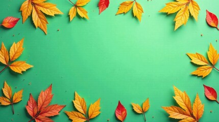Autumnal foliage arranged artfully on a vibrant green backdrop, creating a captivating seasonal frame for your design projects