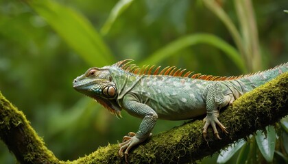 Obraz premium A striking iguana with vibrant green and orange hues basking on a moss-covered branch in the heart of the jungle, perfect for nature and wildlife lovers