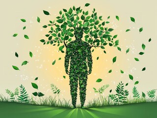 tree shaped figure represents Father Nature trunk for body and flowing hair transforming into green leaves. vibrant backdrop features sunny meadow enhancing natural theme.