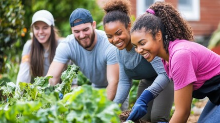 Group of Diverse Friends Working Together in a Community Garden, Enjoying Gardening Activities and Connecting with Nature in a Lively Outdoor Setting