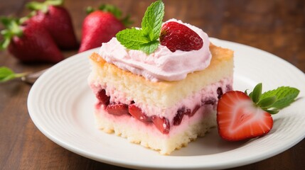 Delicious Slice of Homemade Strawberry Cake with Whipped Cream and Fresh Berries Perfect for Any Celebration or Dessert Table