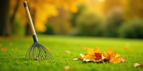 Autumnal Garden Tool Resting on Lush Green Grass with Fallen Leaves