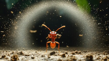 Naklejka premium A close-up of an ant carrying food, surrounded by a spray of dust particles.