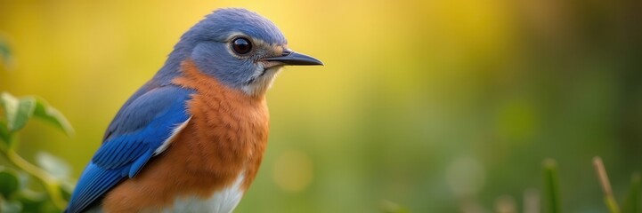 Eastern Bluebird Perched Beautifully Against a Soft Golden Green Background with Detailed Feathers Visible in Crisp Focus