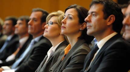 Group of Professional Business People Attending Conference with Focused Expressions and Engaged Participation in a Corporate Environment