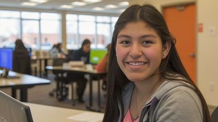 Fototapeta premium Smiling teenage girl in library computer lab.