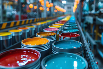 A long array of colorful paint cans is displayed in a factory, highlighting the manufacturing process with bright hues of red, blue, orange, and green