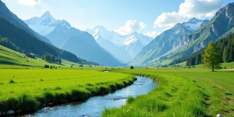 Serene Valley Stream Winding Through Lush Green Meadows, Backdropped by Majestic Snow-Capped Mountains Under a Bright Sunny Sky