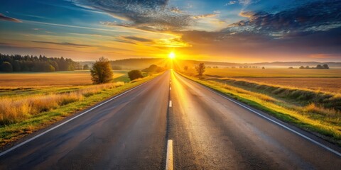 Naklejka premium Golden light illuminates rural highway at dawn as asphalt road stretches into the distance amidst serene landscape, golden hour, dawn