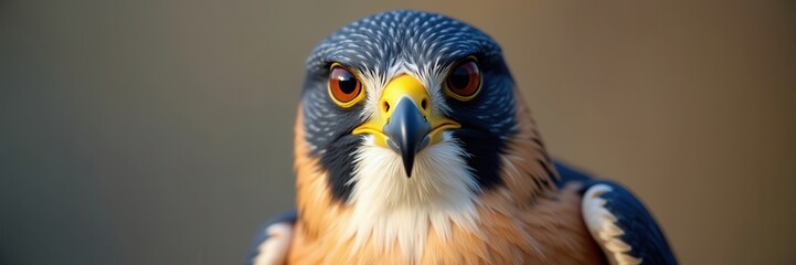 Obraz premium Intense Stare of a Peregrine Falcon a Close Up View of its Powerful Beak and Piercing Orange Eyes set Against a Soft Background