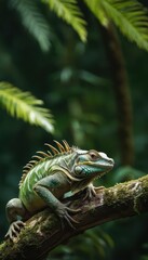 Fototapeta premium A majestic iguana relaxing on a branch, its vivid green and blue tones blending perfectly with the rich greenery of the tropical jungle
