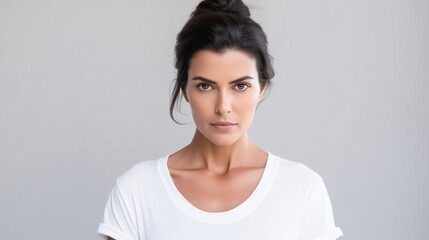 Portrait of a Beautiful Serious Brunette Woman with a Natural Look in a Minimalist Setting, Captured in a Soft Light, Highlighting Her Expression and Features